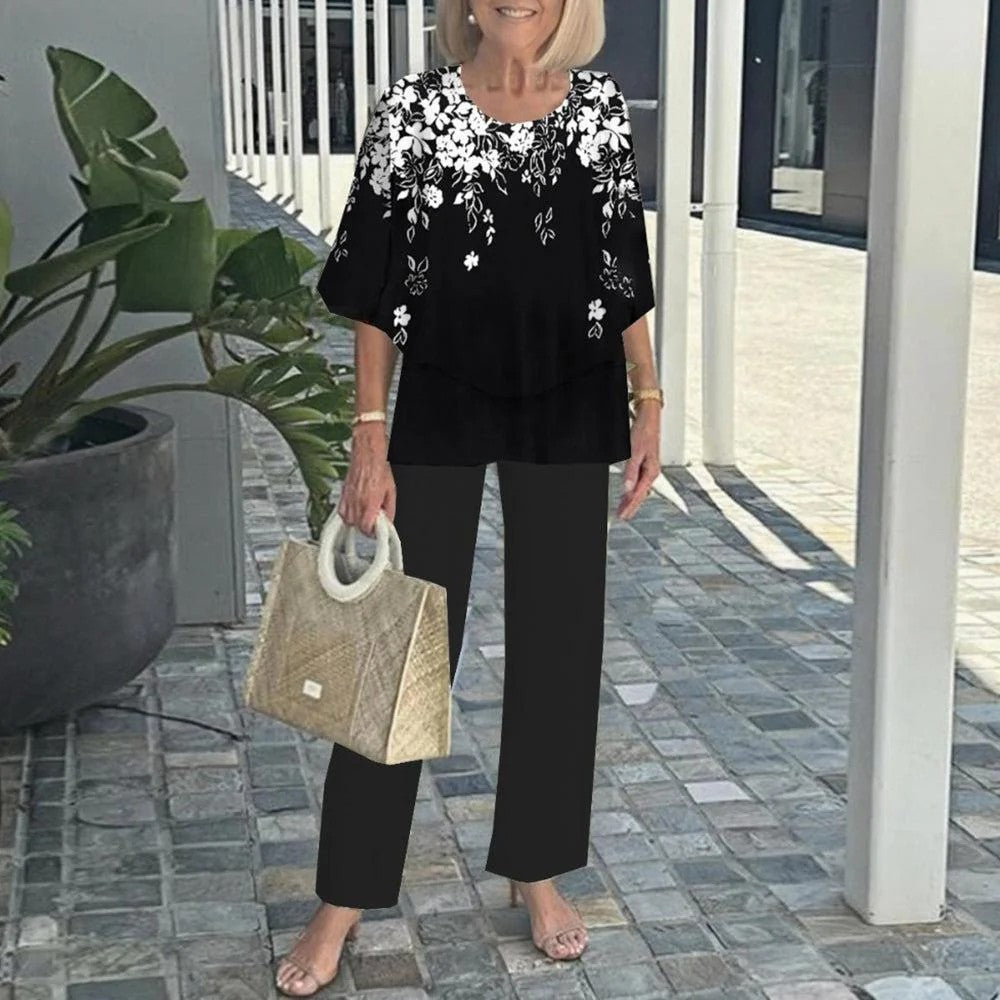 Women’s Casual Round Neck Half Sleeve Top Printed Pants Two Piece Set