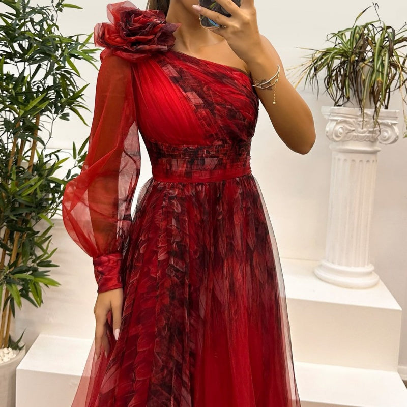 💥Women's Fashion Slant Shoulder Mesh Printed Dresses