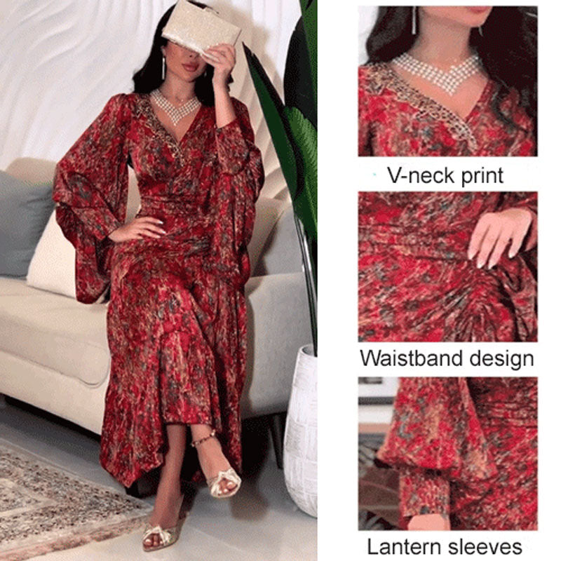 🔥🌷V-neck Dress With Biscuit Sleeves And Print💃