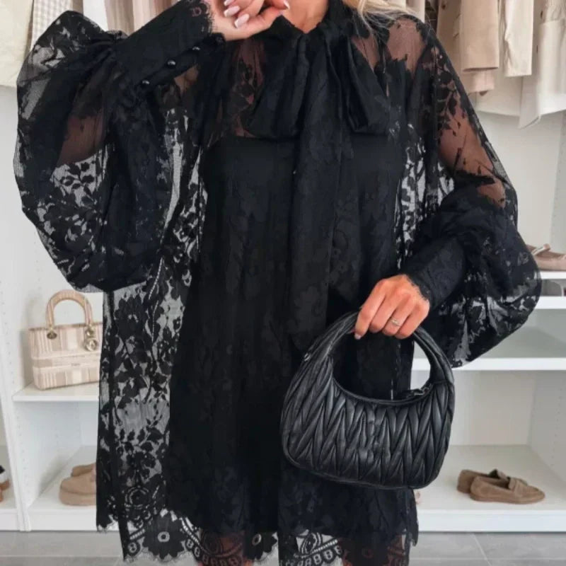 🌸Spring Specials🌸 Lace Mini Dress with Bow Tie Neck