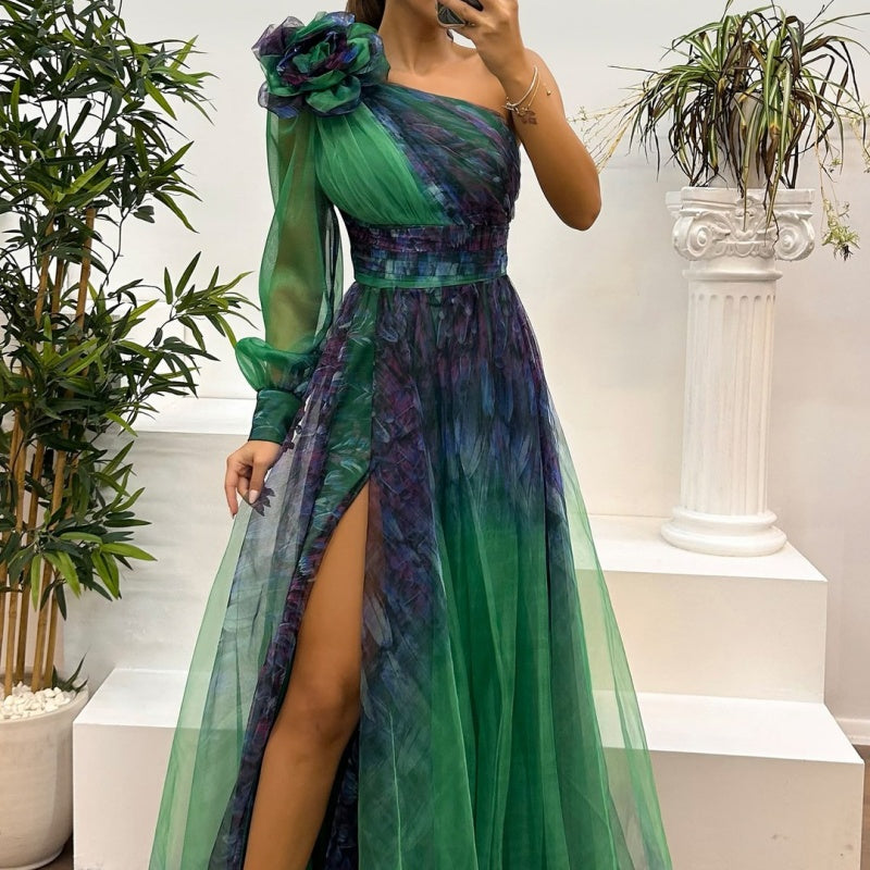 💥Women's Fashion Slant Shoulder Mesh Printed Dresses