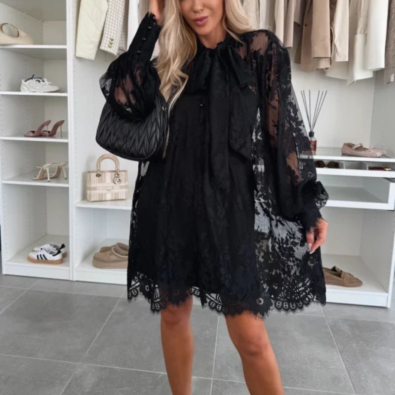 🌸Spring Specials🌸 Lace Mini Dress with Bow Tie Neck