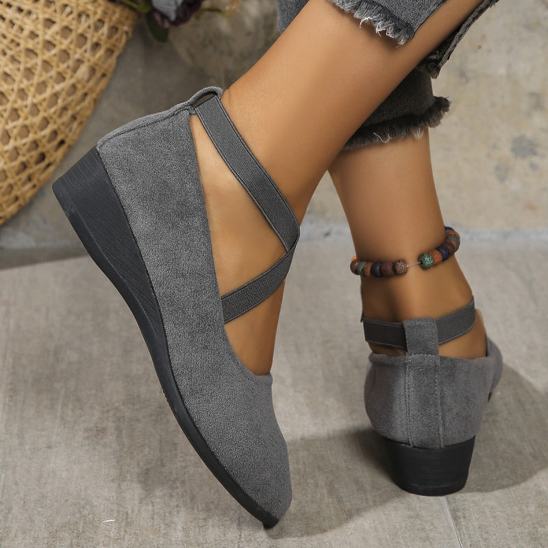 🌹Elegant Solid Color Elastic Strap Low Wedge Shoes