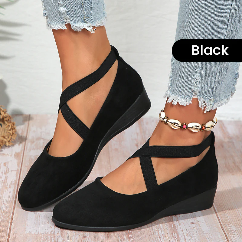 🌹Elegant Solid Color Elastic Strap Low Wedge Shoes