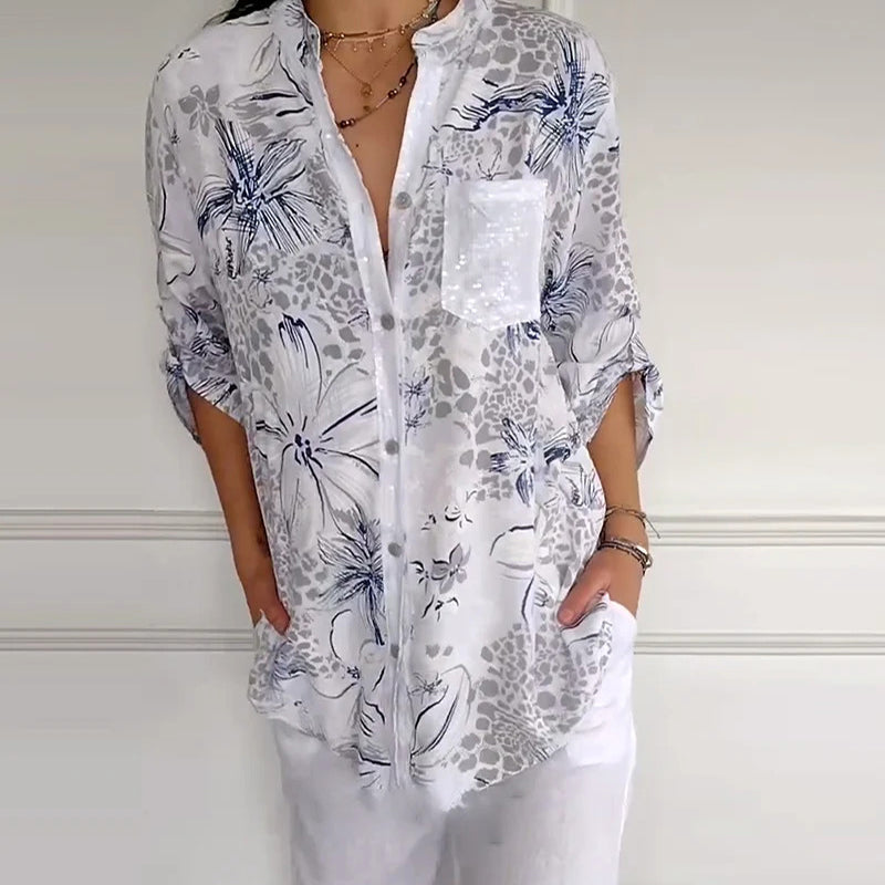 đ„Womenâs Stand Floral Collar Printed Shirt