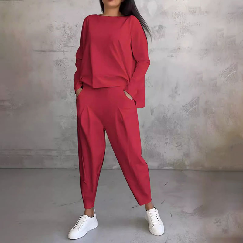 Round-Neck Long-Sleeved Top & Pants 2-Piece Set