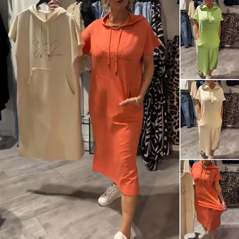 đ„Womenâs Solid Short-Sleeve Hooded Long Dress