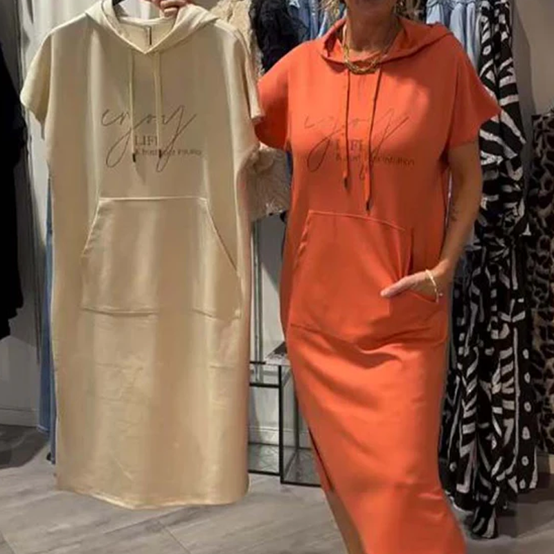 đ„Womenâs Solid Short-Sleeve Hooded Long Dress
