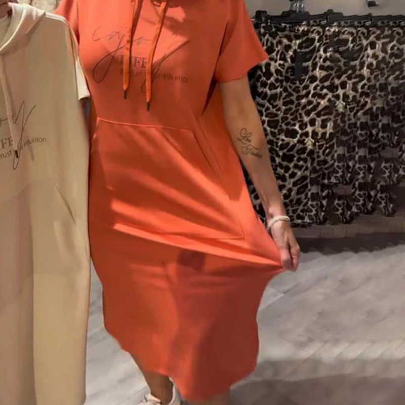 đ„Womenâs Solid Short-Sleeve Hooded Long Dress