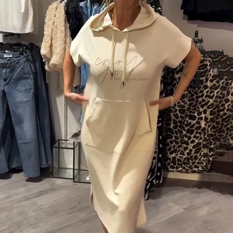 đ„Womenâs Solid Short-Sleeve Hooded Long Dress