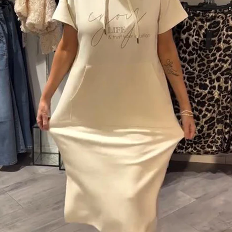 đ„Womenâs Solid Short-Sleeve Hooded Long Dress