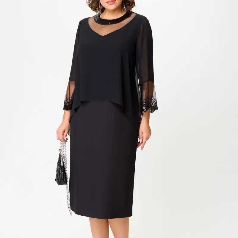 Women's Elegant Black 3/4 Sleeve Sheath Dresses
