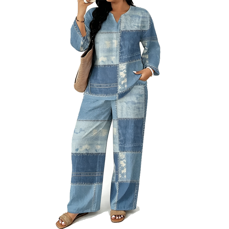 đ¨ Denim Look, Lighter Feel | Women's Patchwork Wide-Leg 2-Piece Set