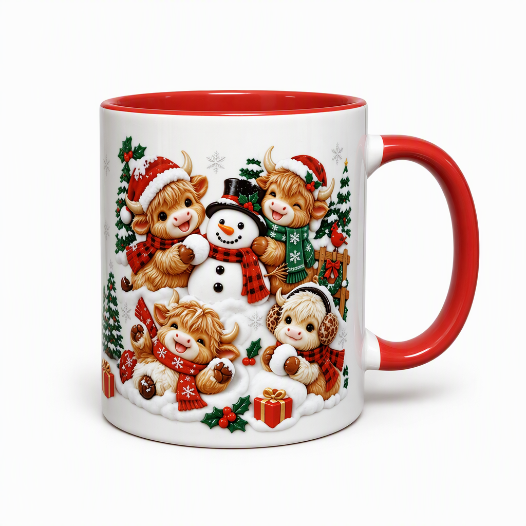 ☕✨Festive Highland Cow & Snowman Ceramic Mugs – Add a Little Christmas Magic to Every Sip!