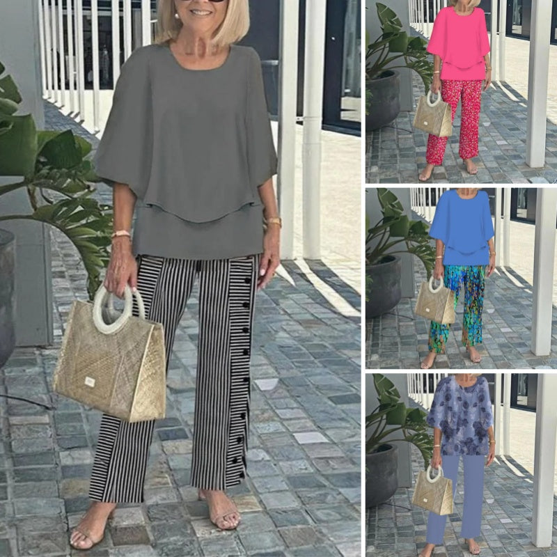 Women’s Casual Round Neck Half Sleeve Top Printed Pants Two Piece Set