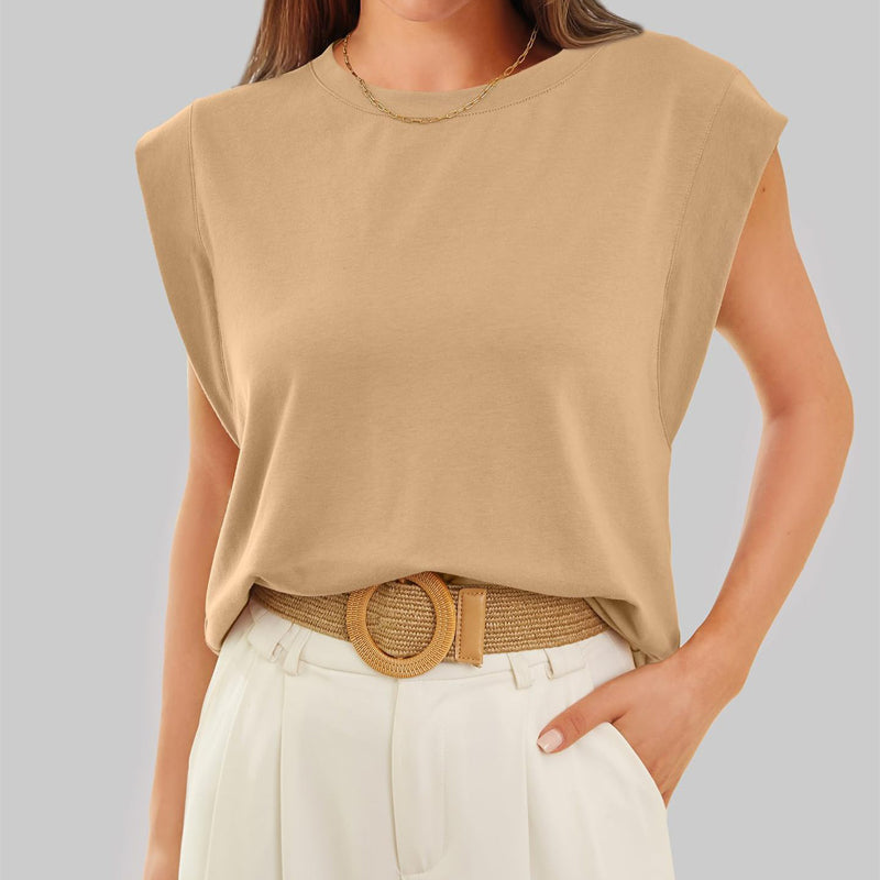 💗Solid Color Round Neck Cap Sleeve Top