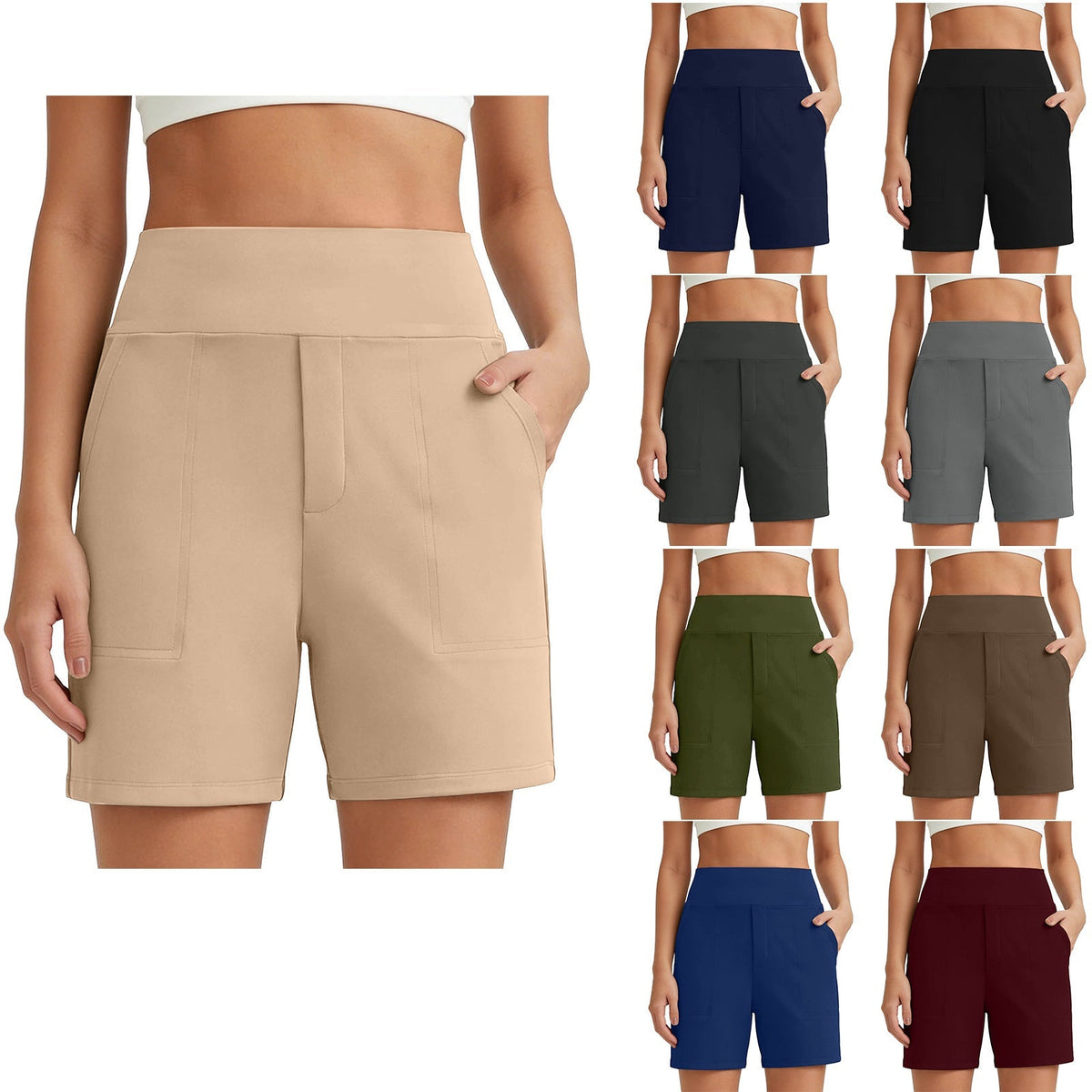 Women's High-Waisted Athletic Bermuda Shorts with Pockets – Running, Yoga, Summer Casual Activewear