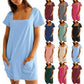 👗Women's Casual Square Neck Pocket Short Sleeve Dress with Pockets