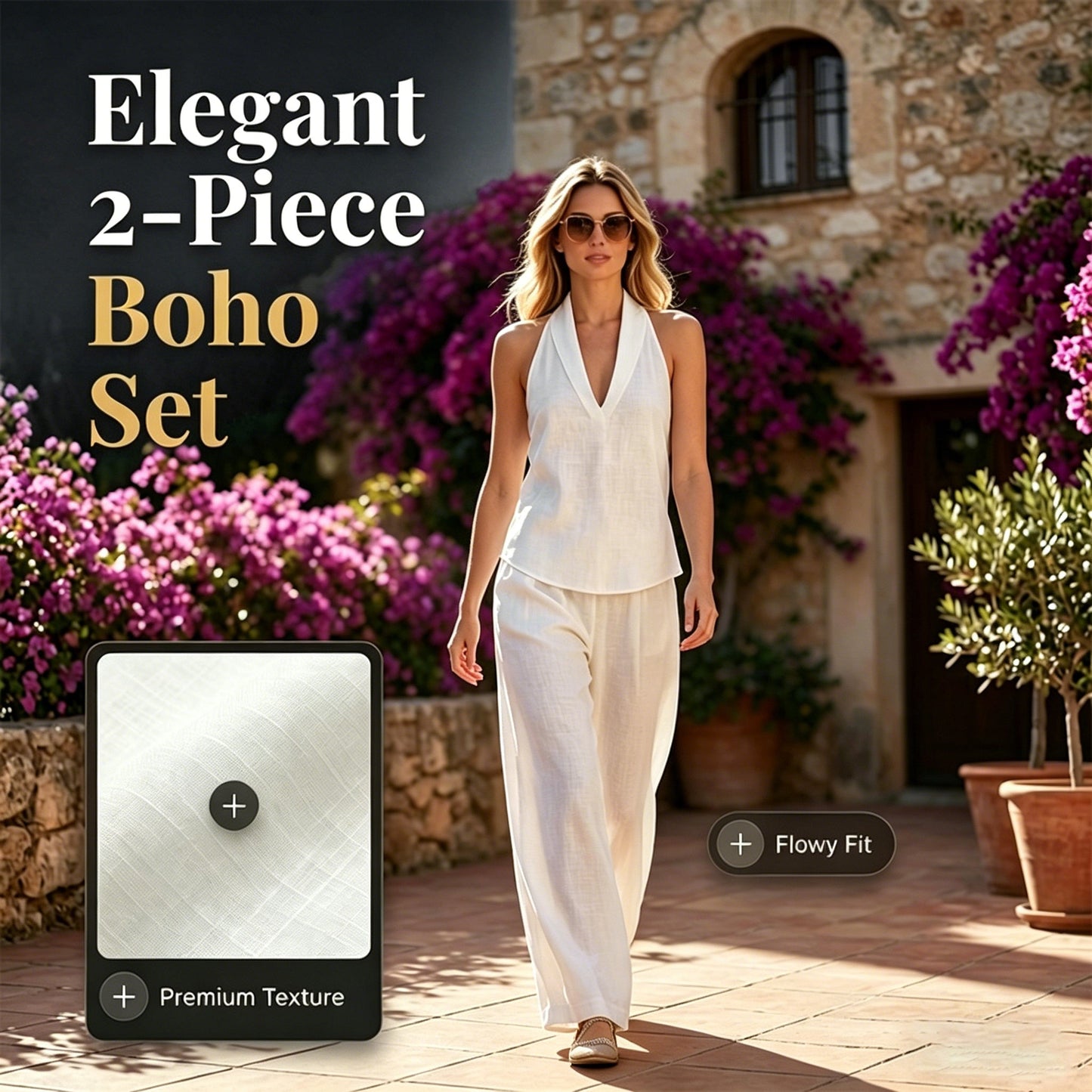 Boho Linen Two Piece Set - Perfect for Beach, Vacation & Brunch! Halter Neck Sleeveless Top Wide Leg Pants Set