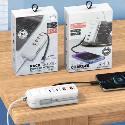 ⚡ Multi-Function Fast Charger 2PD + 2USB! 🔌📱 66W, Built-in Type-C Cable, Safely Charges 4 Devices Simultaneously