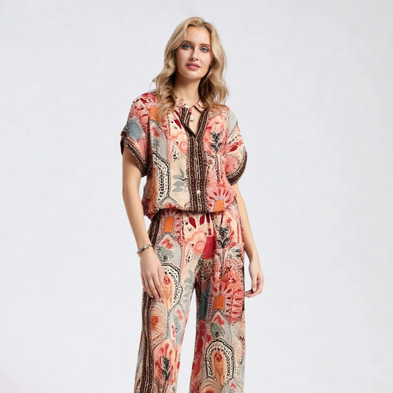 Women's Printed Top & Wide Leg Pants 2-Piece Set