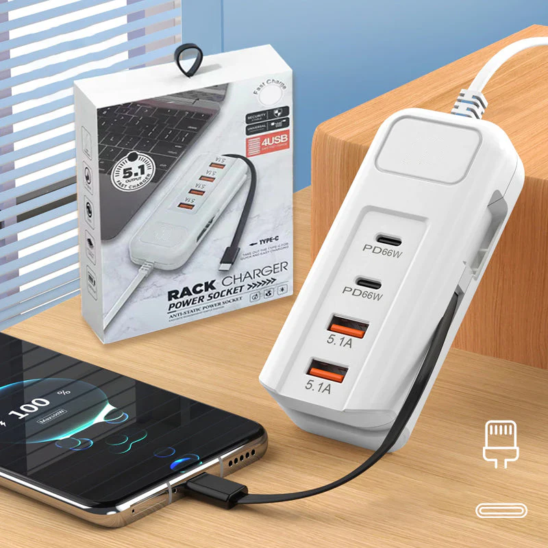 ⚡ Multi-Function Fast Charger 2PD + 2USB! 🔌📱 66W, Built-in Type-C Cabl ...