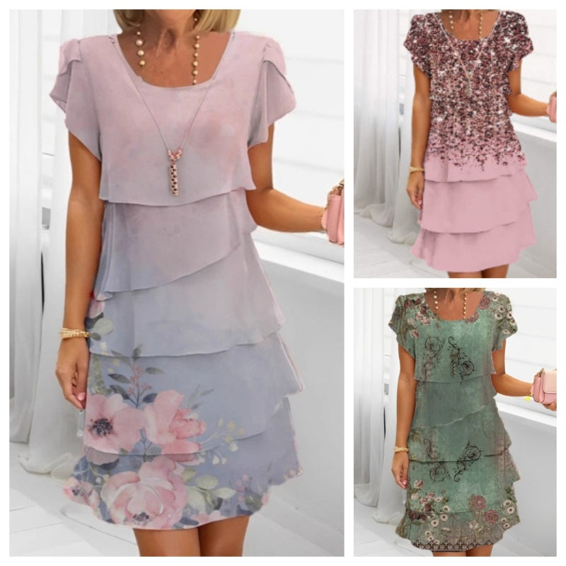 Women's Summer Round Neck Floral Printed Cake Dress