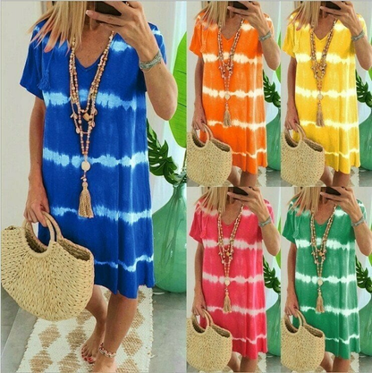 👗Tie-dye Striped Short-sleeved Loose T-shirt Dress