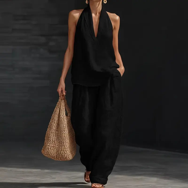 Boho Linen Two Piece Set - Perfect for Beach, Vacation & Brunch! Halter Neck Sleeveless Top Wide Leg Pants Set