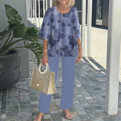Women’s Casual Round Neck Half Sleeve Top Printed Pants Two Piece Set