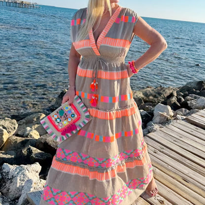 💕Women's Loose V-Neck Vintage Stripe Pattern Sleeveless Dress