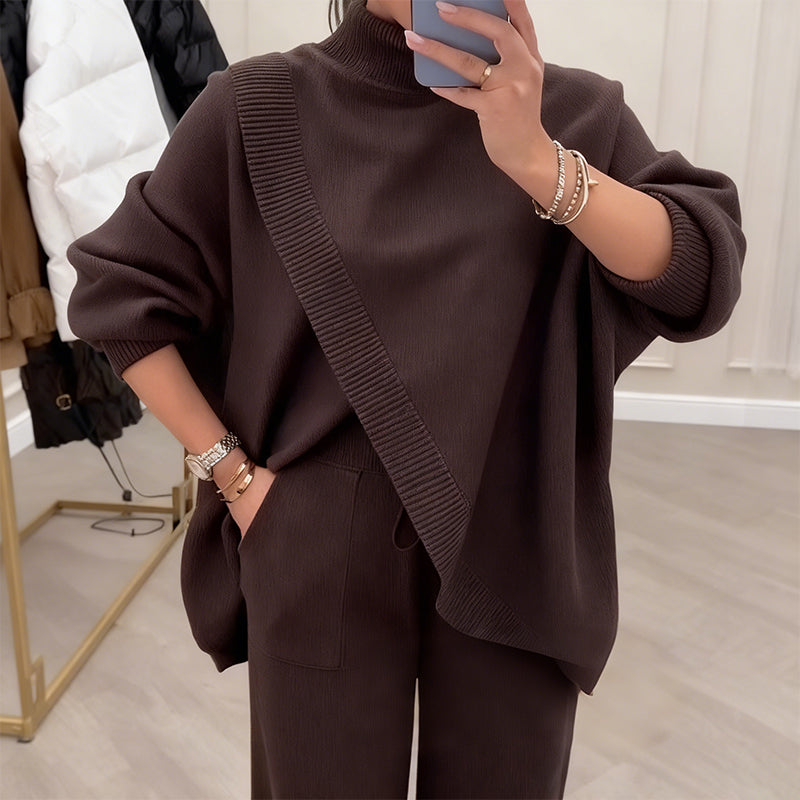 Women's 2-piece set – Asymmetrical sweater + wide-leg pants, relaxed fit and soft fabric, ultra comfortable 👚✨