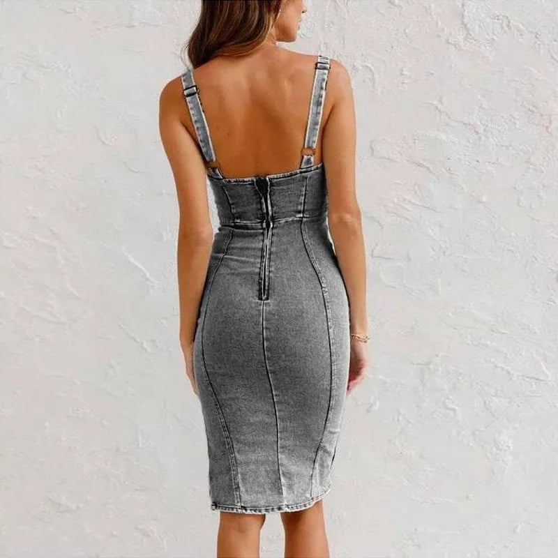 🔥Adjustable Strap U-neck Split Denim Bodycon Cami Dress