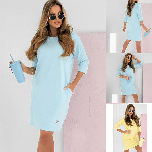 💖Round Neck 3/4 Sleeve Dress with Pockets
