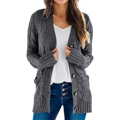 Women's Fall Casual Long Sleeve Button Down Open Front Cable Knit Cardigan Sweater Coat