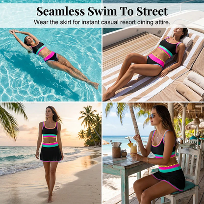 🌼Color Block Patchwork Nylon Sporty 3-Piece Bikini Set - High Waisted & Tummy Control Swimsuit👙🌈