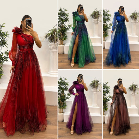 💥Women's Fashion Slant Shoulder Mesh Printed Dresses