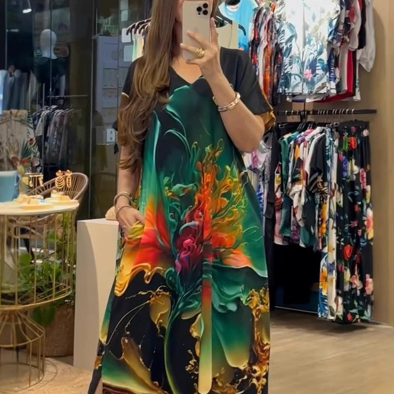 🌴Summer Specials SALE 🌴Women's Loose Casual V-Neck Printed Short Sleeve Dresses
