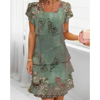 Women's Summer Round Neck Floral Printed Cake Dress