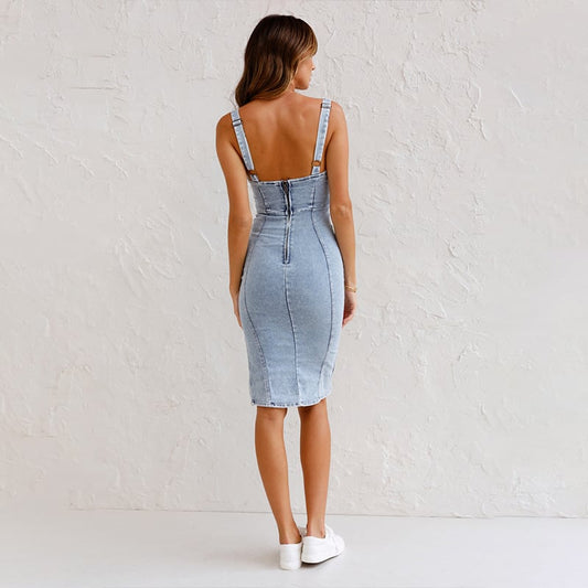 🔥Adjustable Strap U-neck Split Denim Bodycon Cami Dress