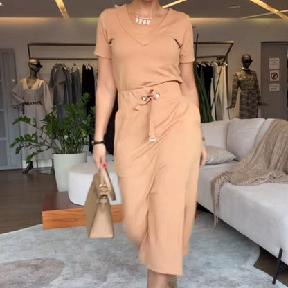 Women's V-Neck Top and Skirt Set