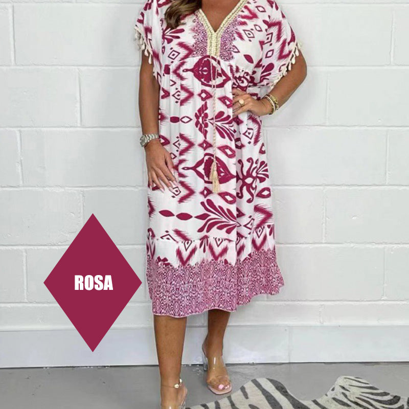 🌼Printed Casual Dress With V-Neckline and Fringes on the Short Sleeves