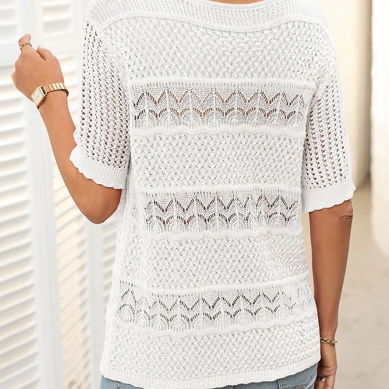 Women's Round Neck Hollow Knit Crochet Short Sleeve Sweater