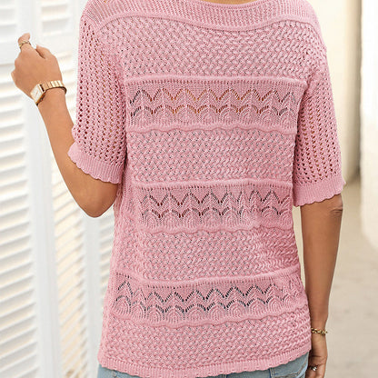 Women's Round Neck Hollow Knit Crochet Short Sleeve Sweater