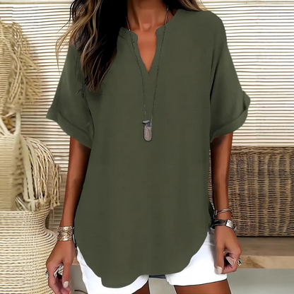 💎 Fashion Loose Short Sleeve Top – Notched V-Neck, Asymmetrical Hem & Lightweight Fabric (5 Colors, S–2XL) 👕🌸