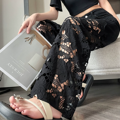 💜Women’s Spliced Hot Rhinestones Printing Hollow Pants