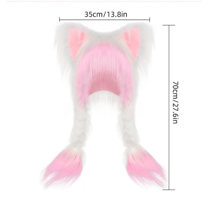 Plush Cat Ear Winter Hat with Braided Pigtails