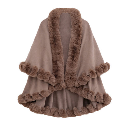 Women's Double-Layer Knit Shawl with Plush Trim