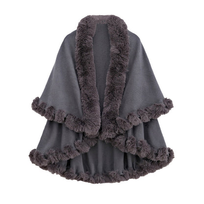 Women's Double-Layer Knit Shawl with Plush Trim