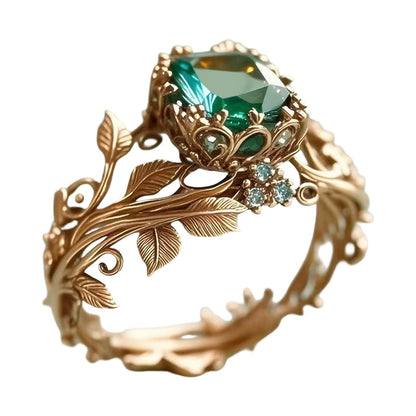 ✨💖Green Synthetic Crystal Ring with Intricate Leaf💍